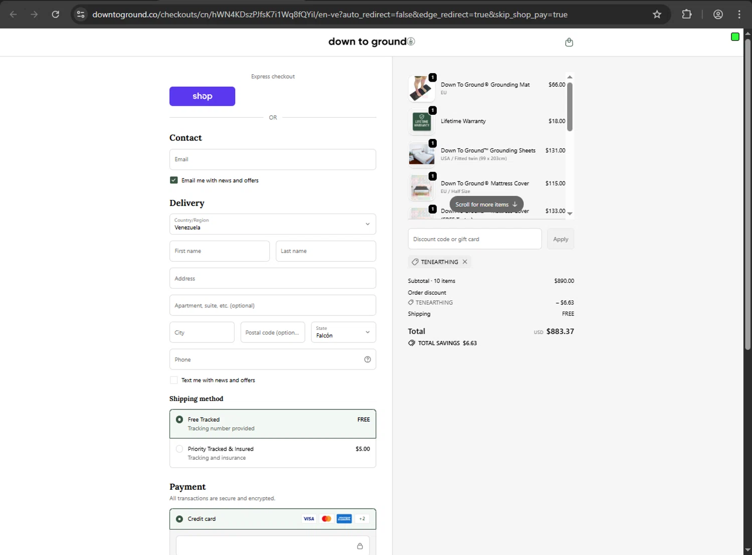 Down To Ground discount code screenshot showing code TENEARTHING applied at Down To Ground checkout page. Uploaded by SimplyCodes community member kaiserser on Oct 20, 2025