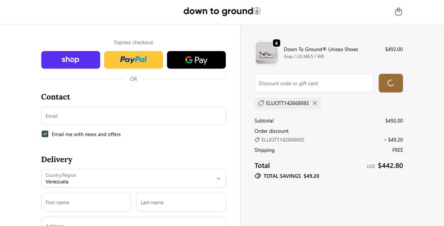 Down To Ground discount code screenshot showing code ELLIOTT142668692 applied at Down To Ground checkout page. Uploaded by SimplyCodes community member mora_2301 on Dec 15, 2025