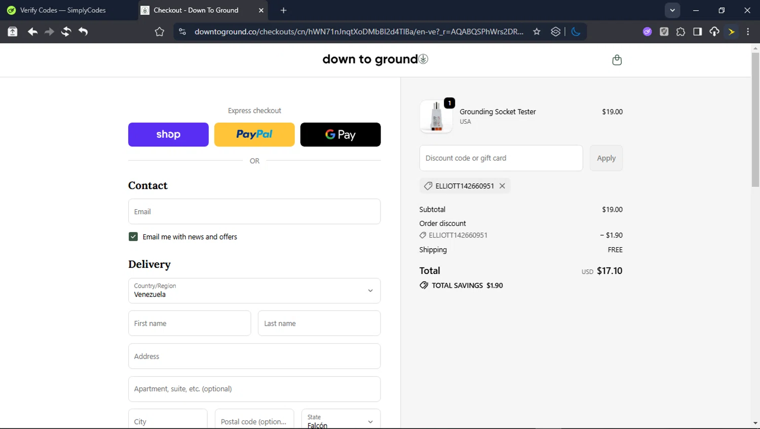 Down To Ground discount code screenshot showing code ELLIOTT142660951 applied at Down To Ground checkout page. Uploaded by SimplyCodes community member userrandon on Dec 30, 2025