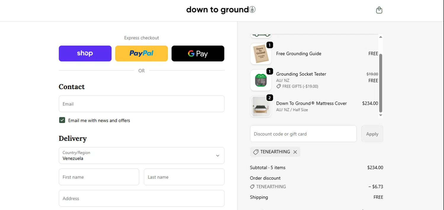 Down To Ground discount code screenshot showing code TENEARTHING applied at Down To Ground checkout page. Uploaded by SimplyCodes community member juanisaac on Sep 22, 2025