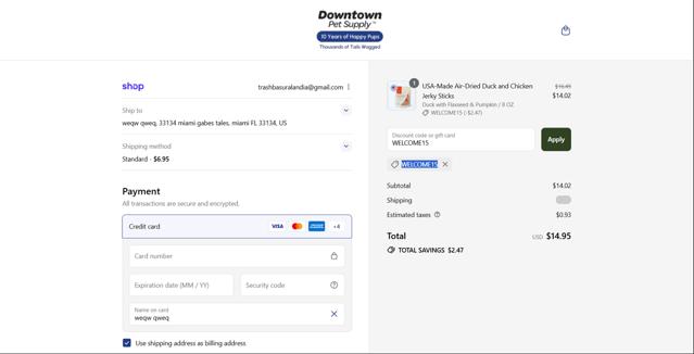 Downtown Pet Supply checkout page showing Downtown Pet Supply coupon code box | Screenshot taken by SimplyCodes community member on Sep 11, 2025