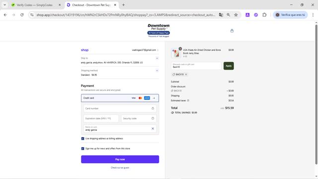 Downtown Pet Supply checkout page showing Downtown Pet Supply coupon code box | Screenshot taken by SimplyCodes community member on Sep 11, 2025