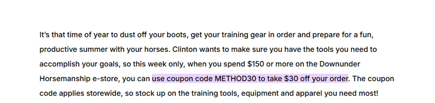 Downunder Horsemanship promo code screenshot showing code METHOD30 applied at Downunder Horsemanship checkout page. Uploaded by SimplyCodes community member PaulSkenes on May 27, 2026
