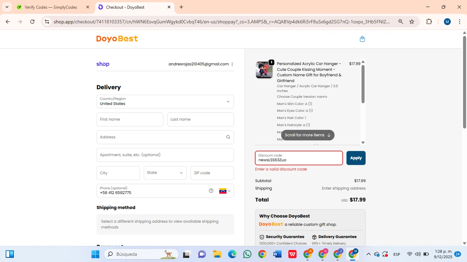 DoyoBest discount code screenshot showing code newsLSS63Zuo applied at DoyoBest checkout page. Uploaded by SimplyCodes community member BrilliantLion8135 on Dec 9, 2025