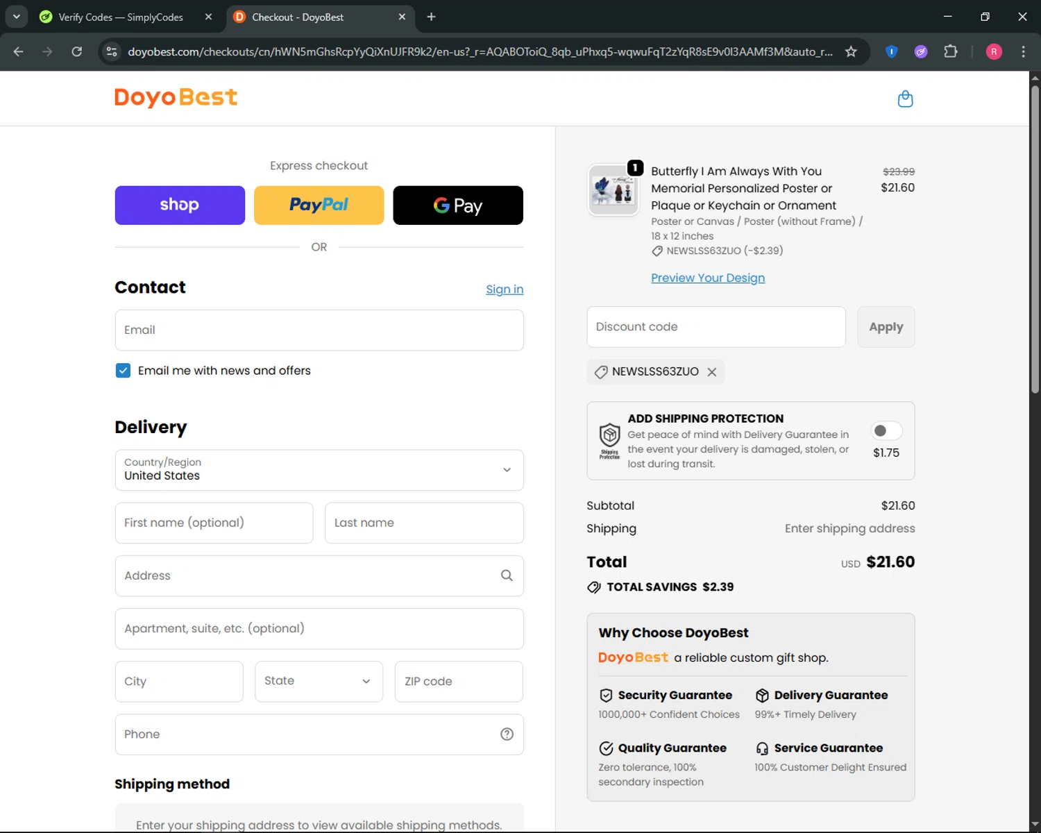 DoyoBest discount code screenshot showing code newsLSS63Zuo applied at DoyoBest checkout page. Uploaded by SimplyCodes community member ThriftyGuardian8485 on Nov 27, 2025