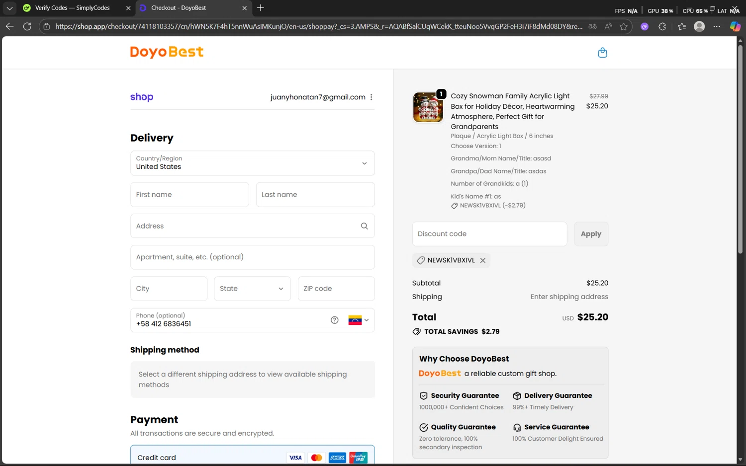DoyoBest discount code screenshot showing code NEWSK1VBXIVL applied at DoyoBest checkout page. Uploaded by SimplyCodes community member juan1702 on Nov 15, 2025