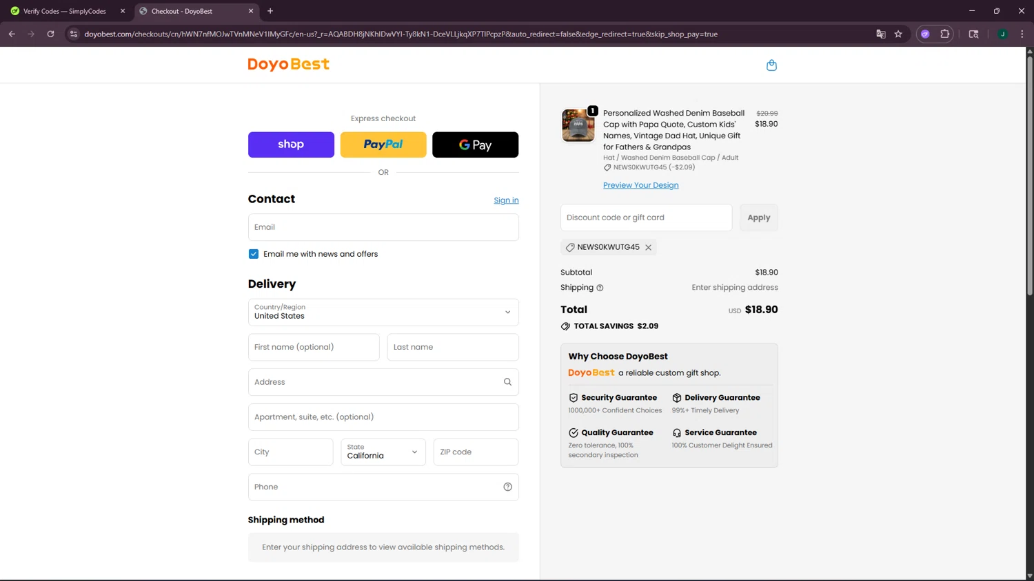 DoyoBest checkout page showing DoyoBest discount code box | Screenshot taken by SimplyCodes community member on Jan 19, 2026