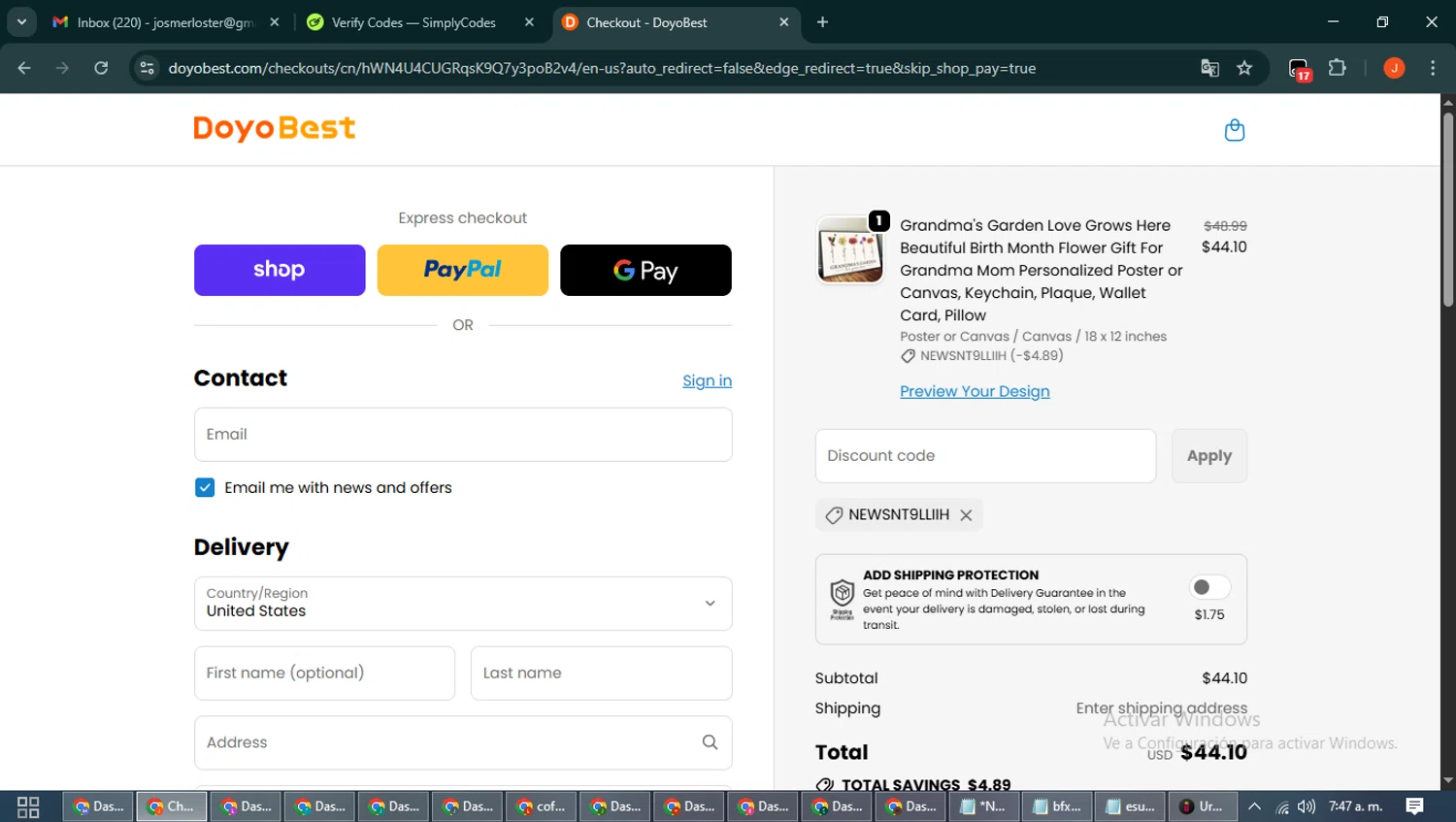 DoyoBest discount code screenshot showing code newsNT9lliih applied at DoyoBest checkout page. Uploaded by SimplyCodes community member NobleAce2304 on Oct 24, 2025