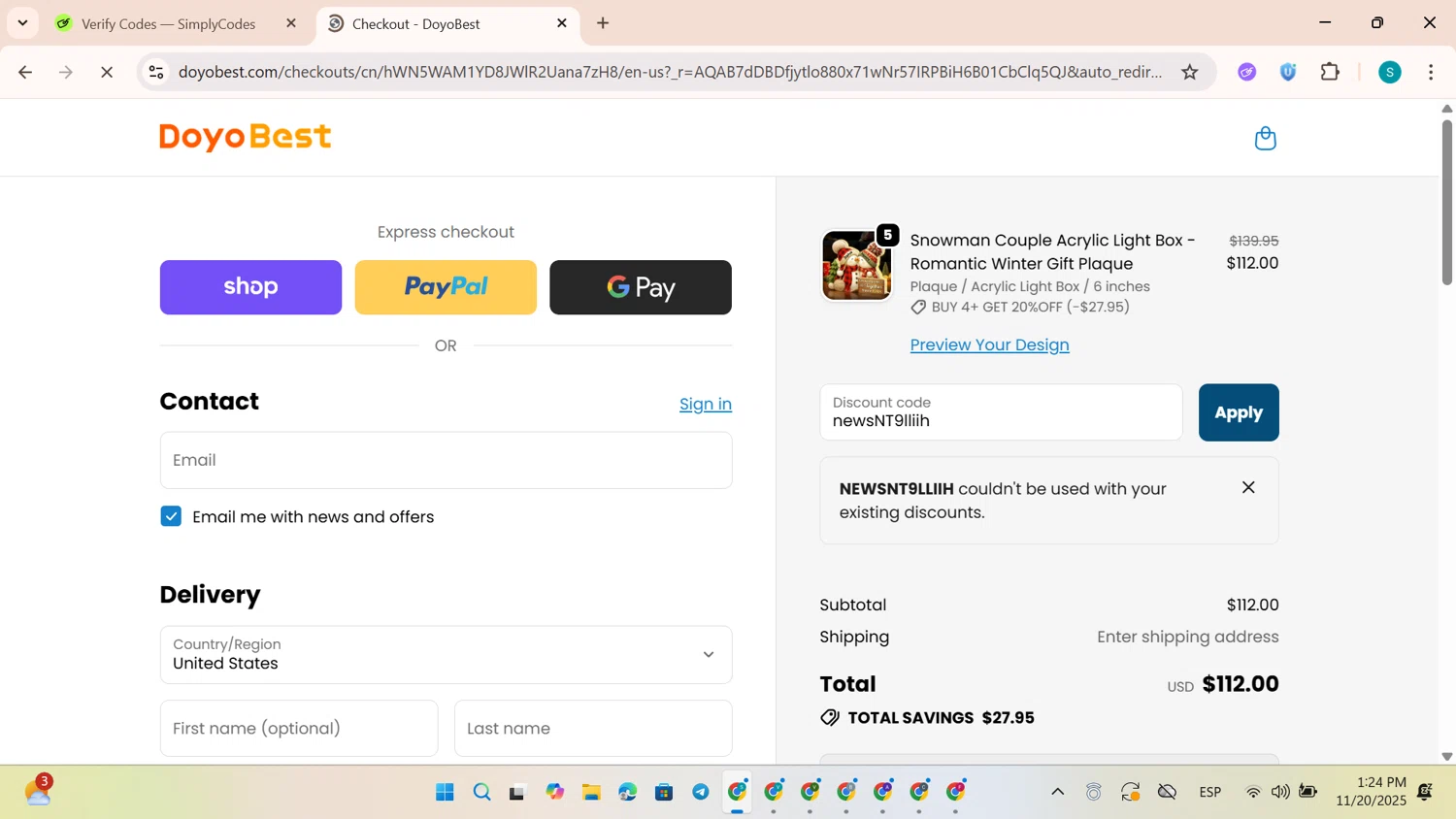 DoyoBest discount code screenshot showing code newsNT9lliih applied at DoyoBest checkout page. Uploaded by SimplyCodes community member TreasureEagle4642 on Nov 20, 2025