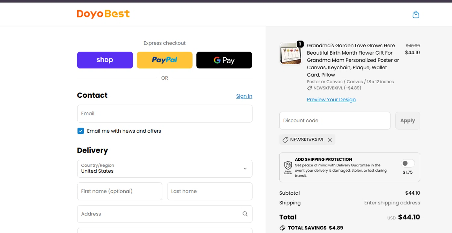 DoyoBest discount code screenshot showing code NEWSK1VBXIVL applied at DoyoBest checkout page. Uploaded by SimplyCodes community member ashe1986 on Oct 24, 2025