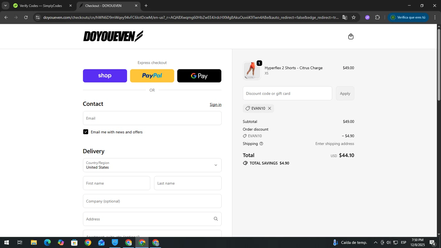 Doyoueven discount code screenshot showing code EVAN10 applied at Doyoueven checkout page. Uploaded by SimplyCodes community member GoldScout9735 on Dec 8, 2025