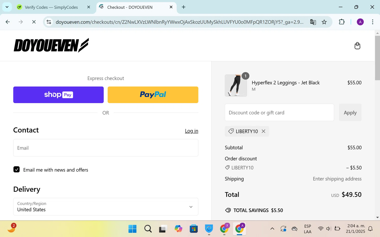 Doyoueven discount code screenshot showing code LIBERTY10 applied at Doyoueven checkout page. Uploaded by SimplyCodes community member SEANJOHN55 on Jan 21, 2025