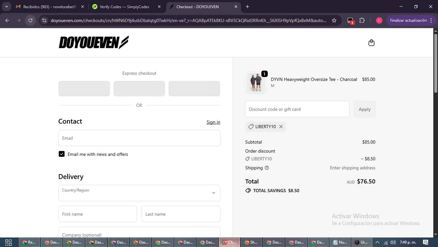 Doyoueven discount code screenshot showing code LIBERTY10 applied at Doyoueven checkout page. Uploaded by SimplyCodes community member WisePro3739 on Dec 8, 2025