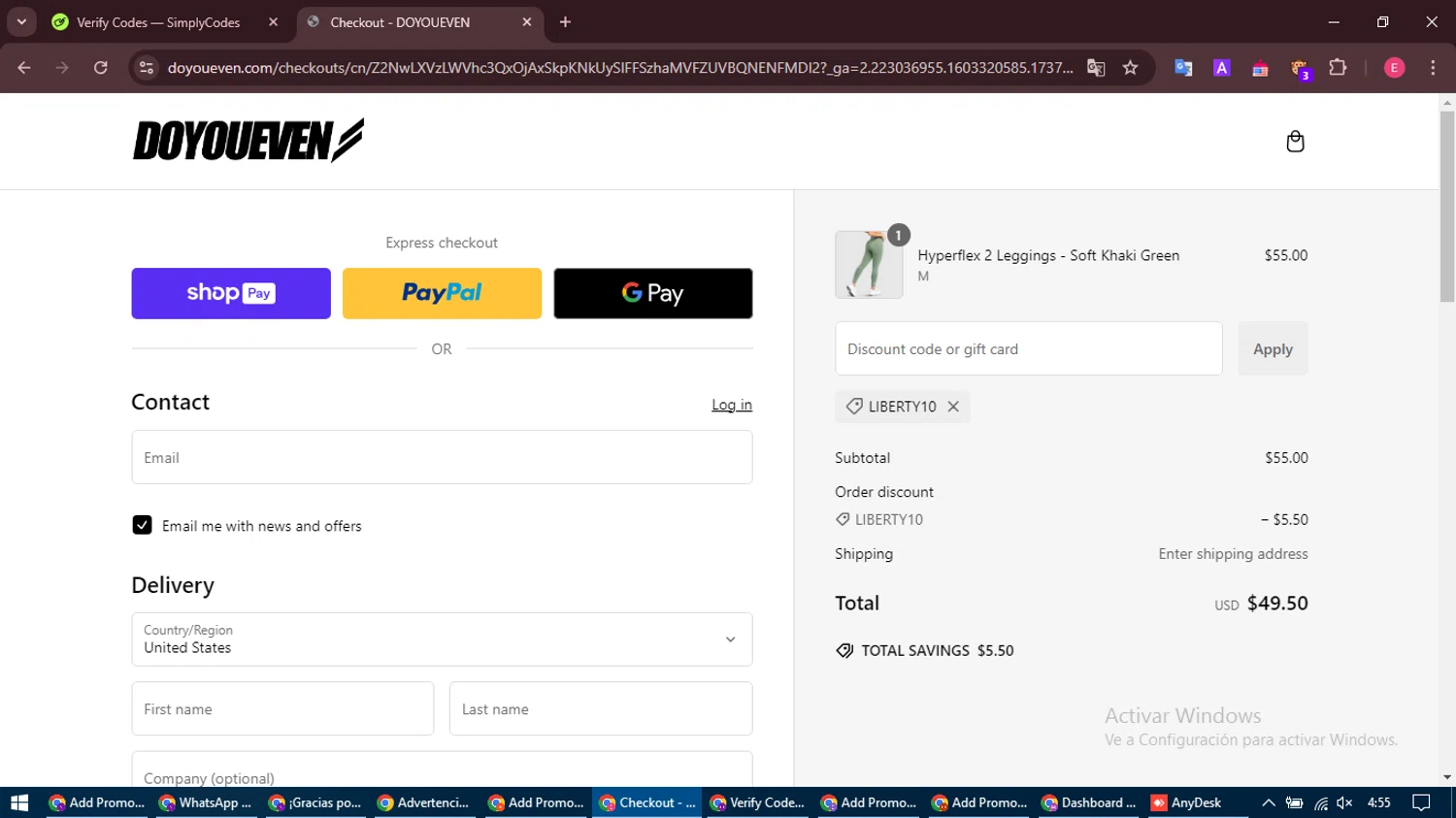 Doyoueven discount code screenshot showing code LIBERTY10 applied at Doyoueven checkout page. Uploaded by SimplyCodes community member MightyNavigator742 on Jan 26, 2025