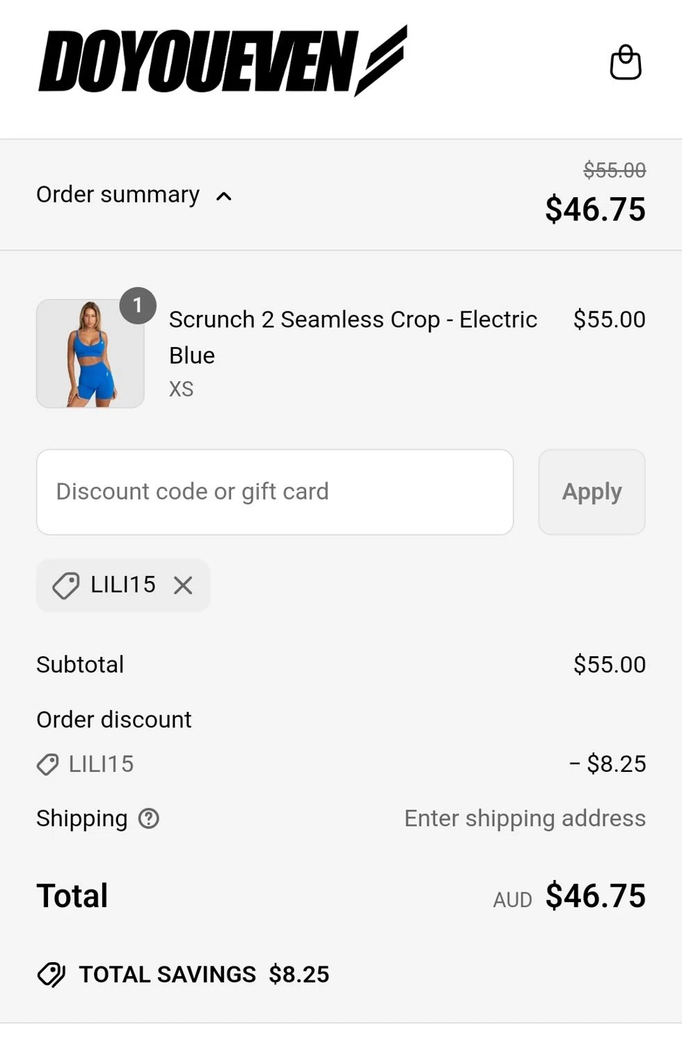 Doyoueven discount code screenshot showing code LILI15 applied at Doyoueven checkout page. Uploaded by SimplyCodes community member Kaylaytone on Apr 3, 2025