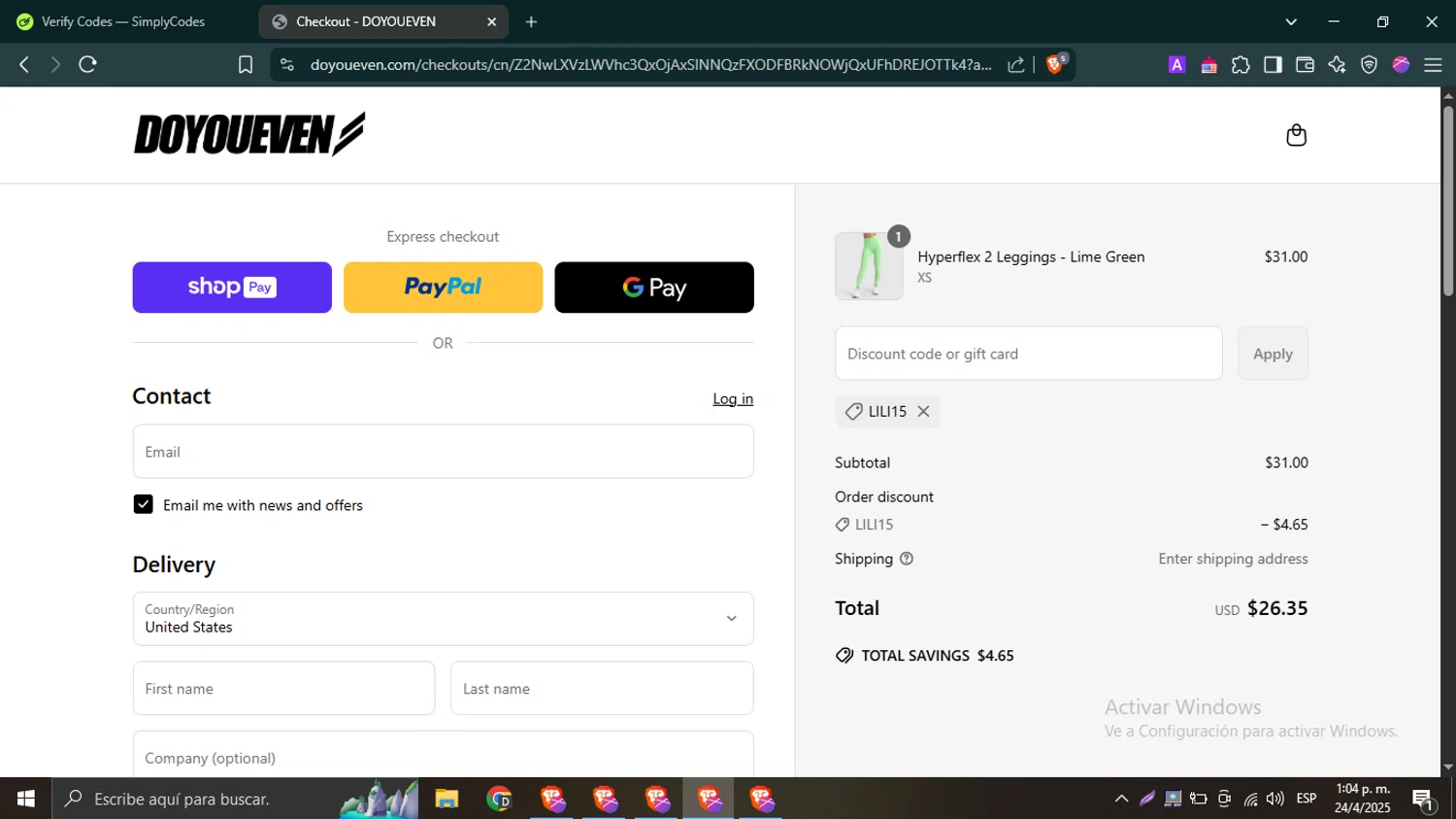 Doyoueven discount code screenshot showing code LILI15 applied at Doyoueven checkout page. Uploaded by SimplyCodes community member PrimeWhiz4850 on Apr 24, 2025