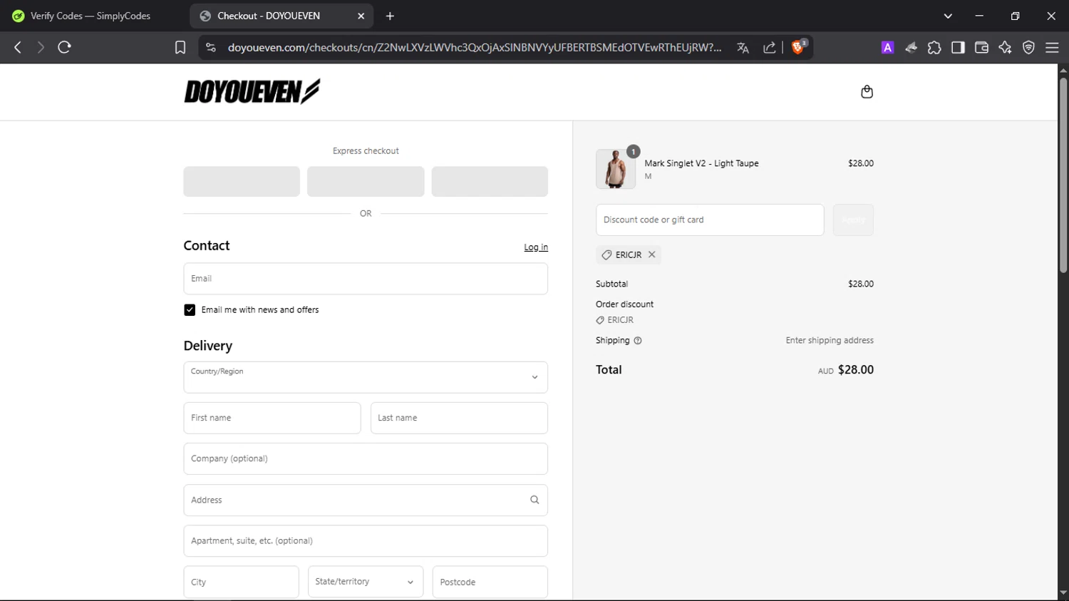 Doyoueven discount code screenshot showing code ERICJR applied at Doyoueven checkout page. Uploaded by SimplyCodes community member SmartScholar9589 on Apr 20, 2025