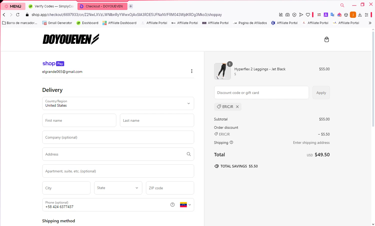 Doyoueven discount code screenshot showing code ERICJR applied at Doyoueven checkout page. Uploaded by SimplyCodes community member WonderVirtuoso6294 on Mar 13, 2025