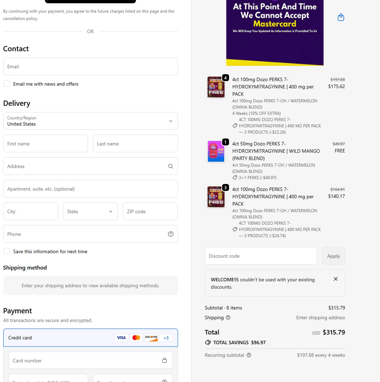 Dozo coupon code screenshot showing code WELCOME15 applied at Dozo checkout page. Uploaded by SimplyCodes community member Billyyou on Dec 23, 2025