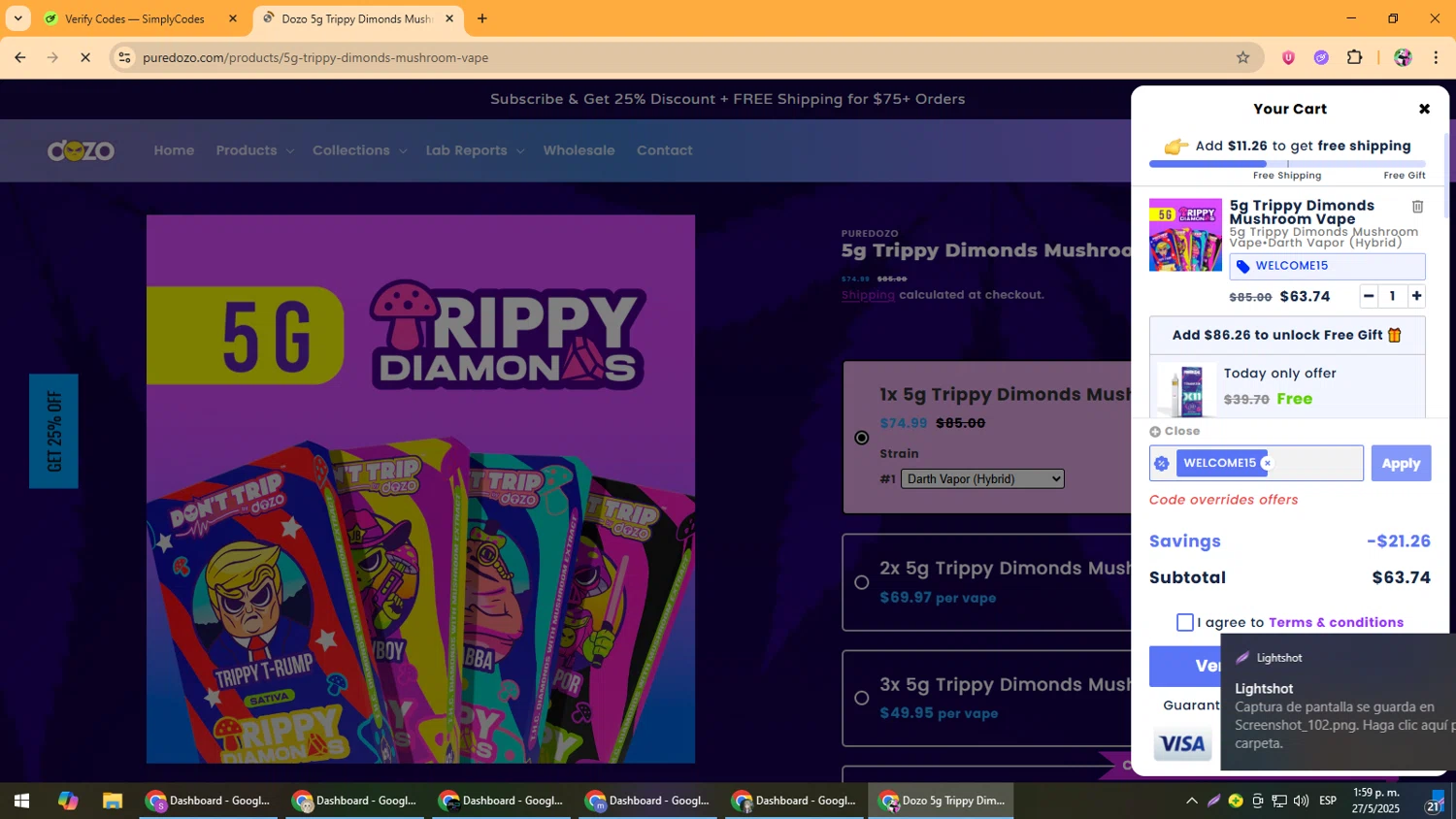 Dozo coupon code screenshot showing code WELCOME15 applied at Dozo checkout page. Uploaded by SimplyCodes community member Vanmanuel on May 27, 2025