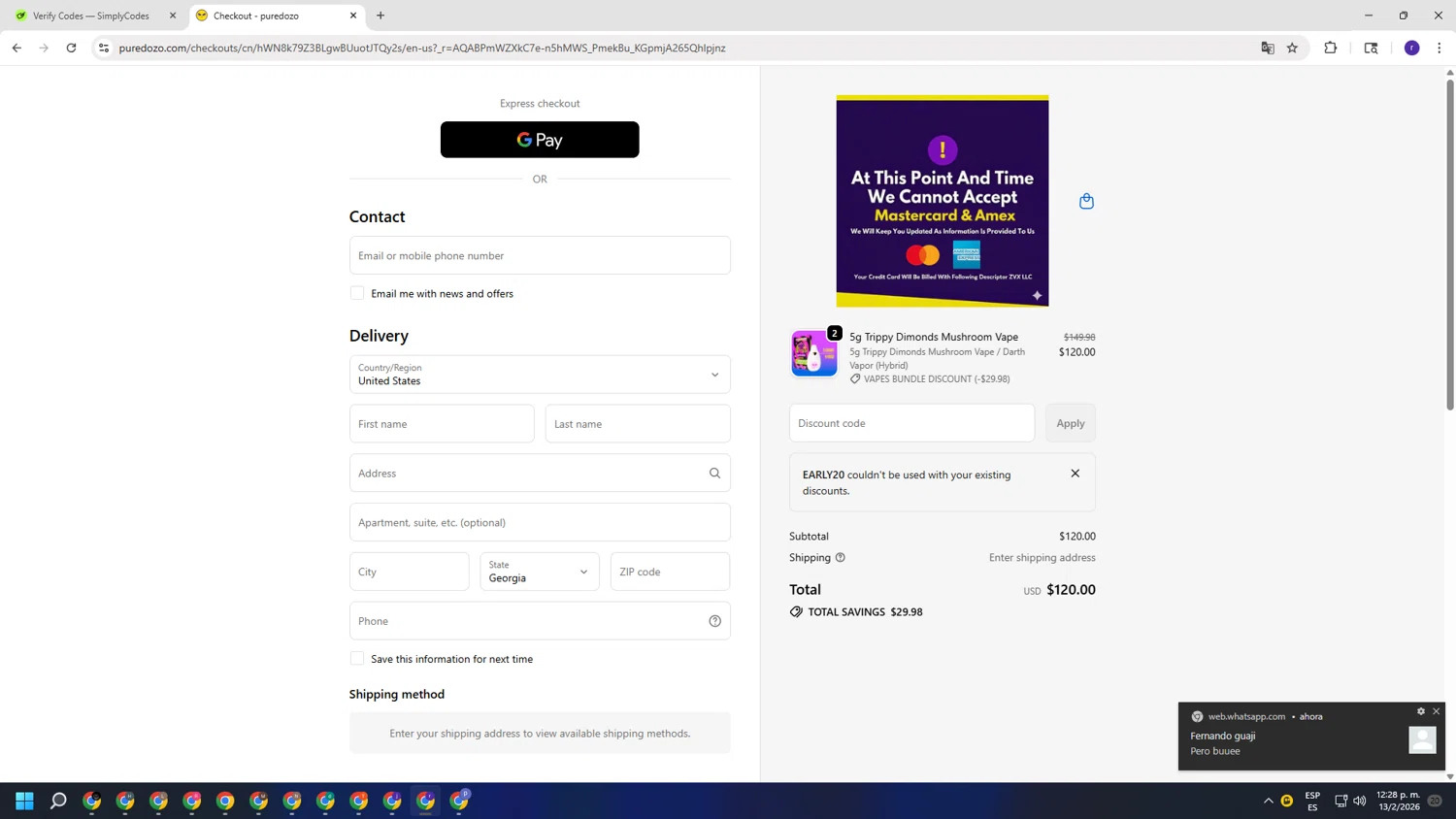 Dozo checkout page showing Dozo coupon code box | Screenshot taken by SimplyCodes community member on Feb 13, 2026