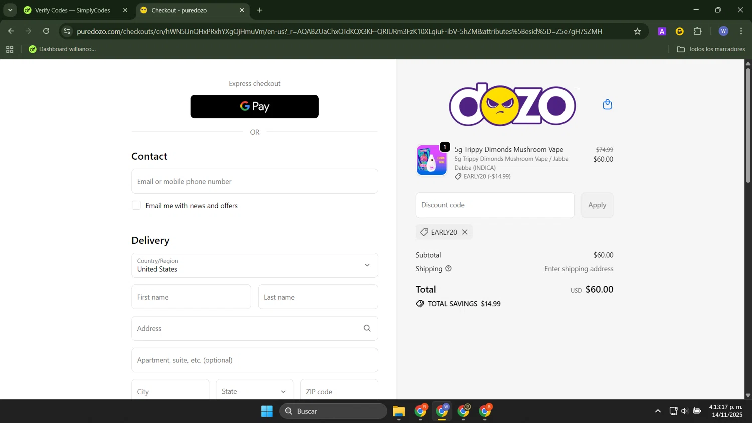 Dozo coupon code screenshot showing code EARLY20 applied at Dozo checkout page. Uploaded by SimplyCodes community member ThriftyTracker446 on Nov 14, 2025