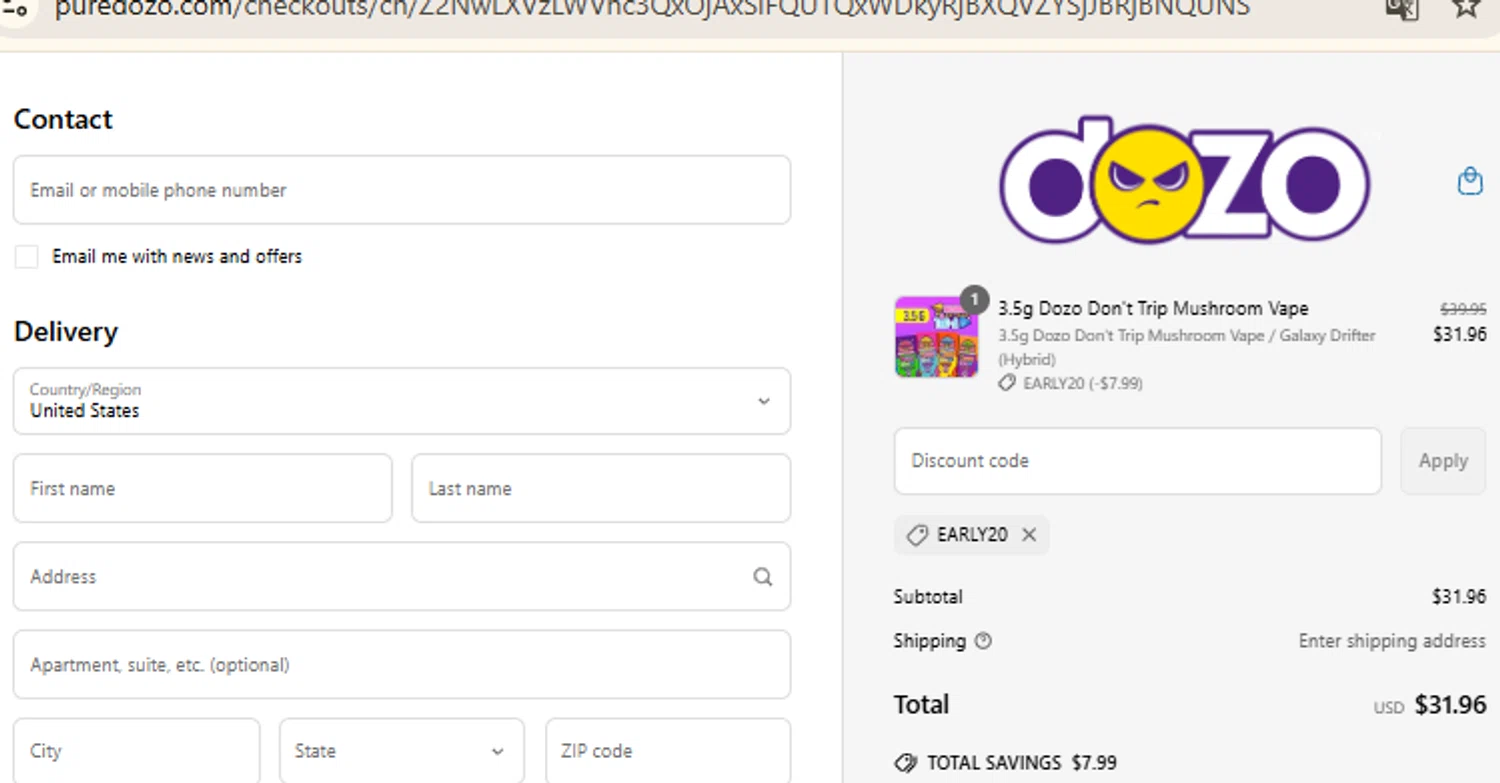 Dozo coupon code screenshot showing code EARLY20 applied at Dozo checkout page. Uploaded by SimplyCodes community member RewardFinder4836 on Mar 31, 2025