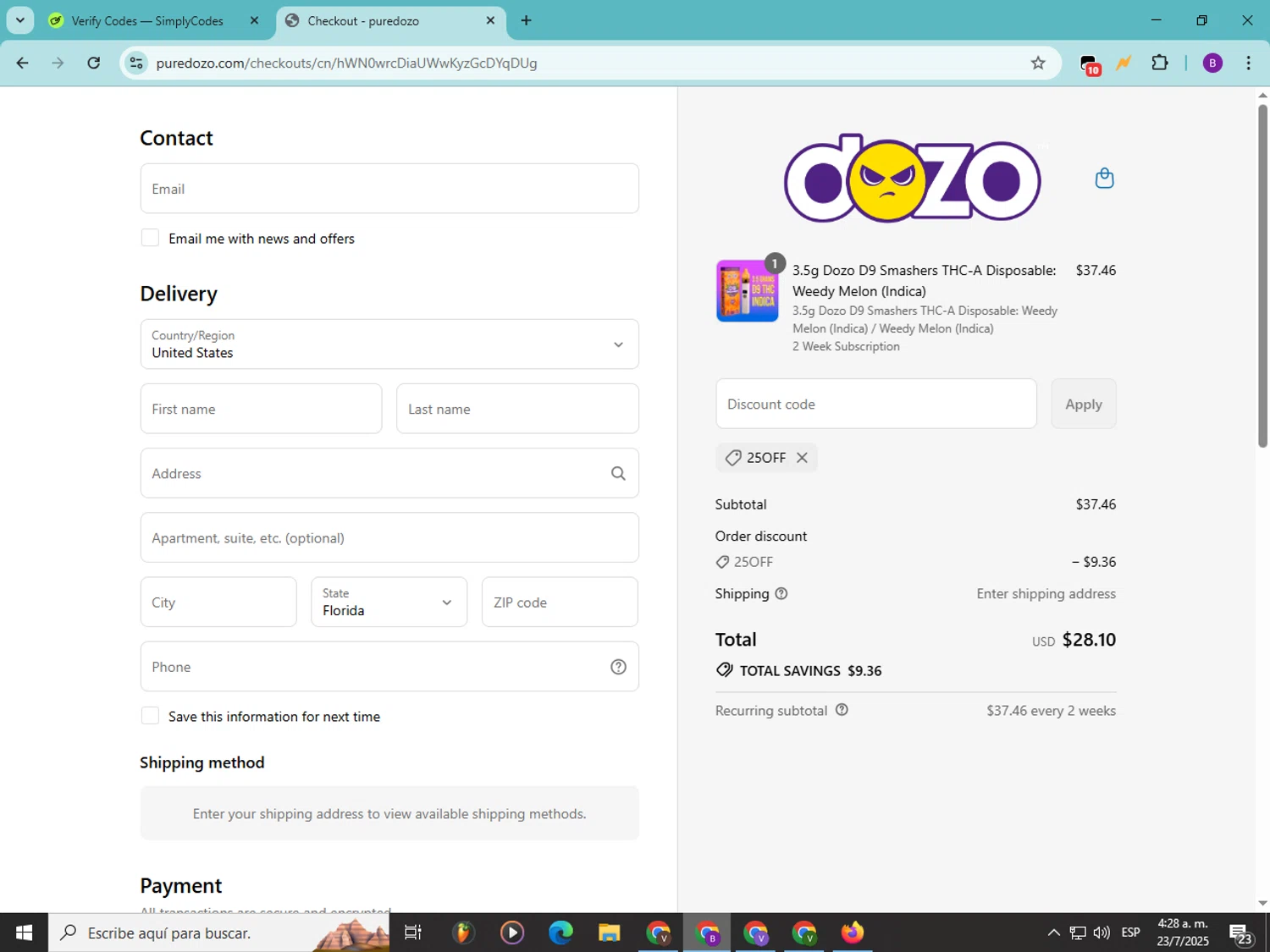 Dozo coupon code screenshot showing code 25OFF applied at Dozo checkout page. Uploaded by SimplyCodes community member Soyvictor on Jul 23, 2025