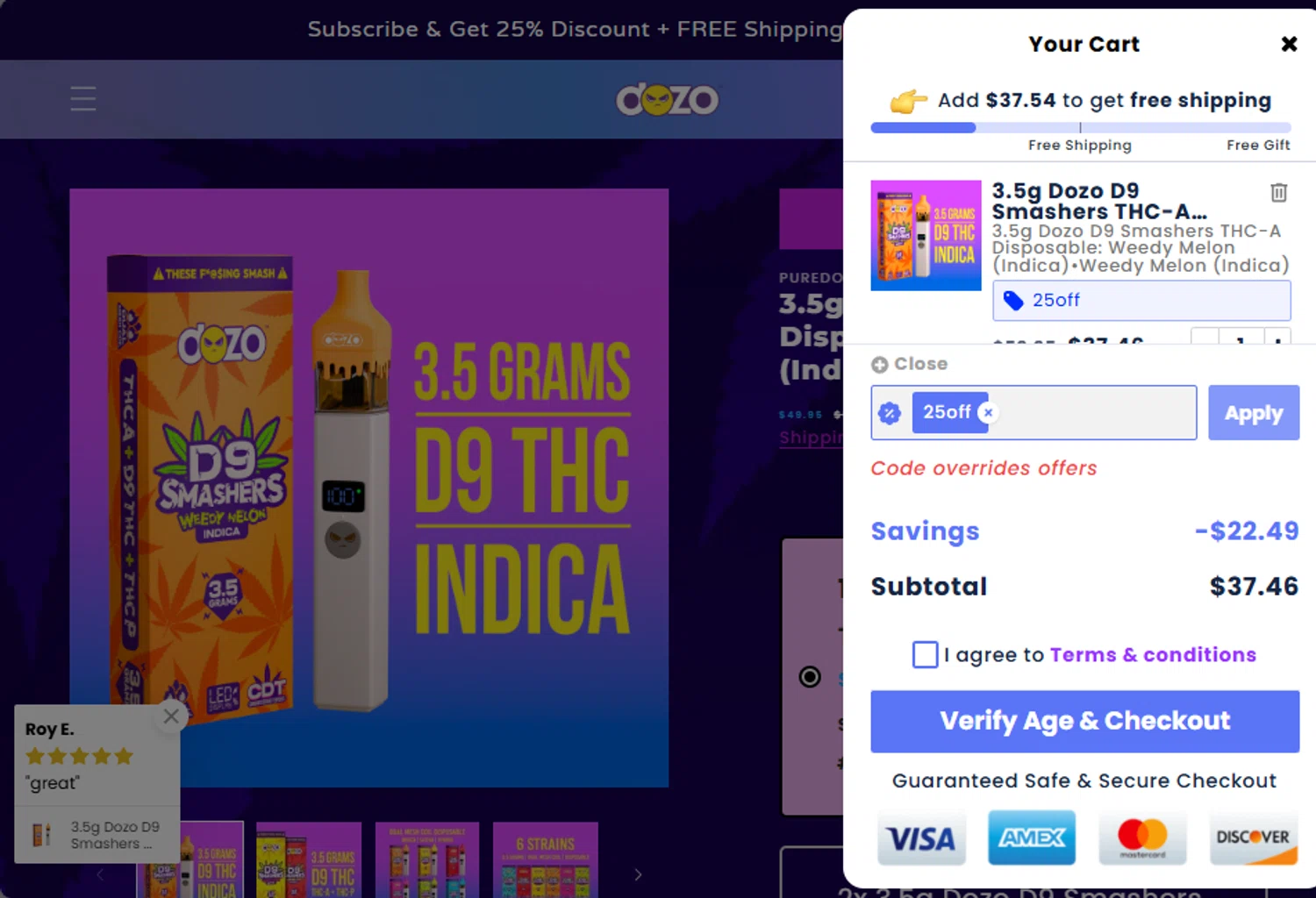 Dozo coupon code screenshot showing code 25OFF applied at Dozo checkout page. Uploaded by SimplyCodes community member jupitera on Jul 19, 2025