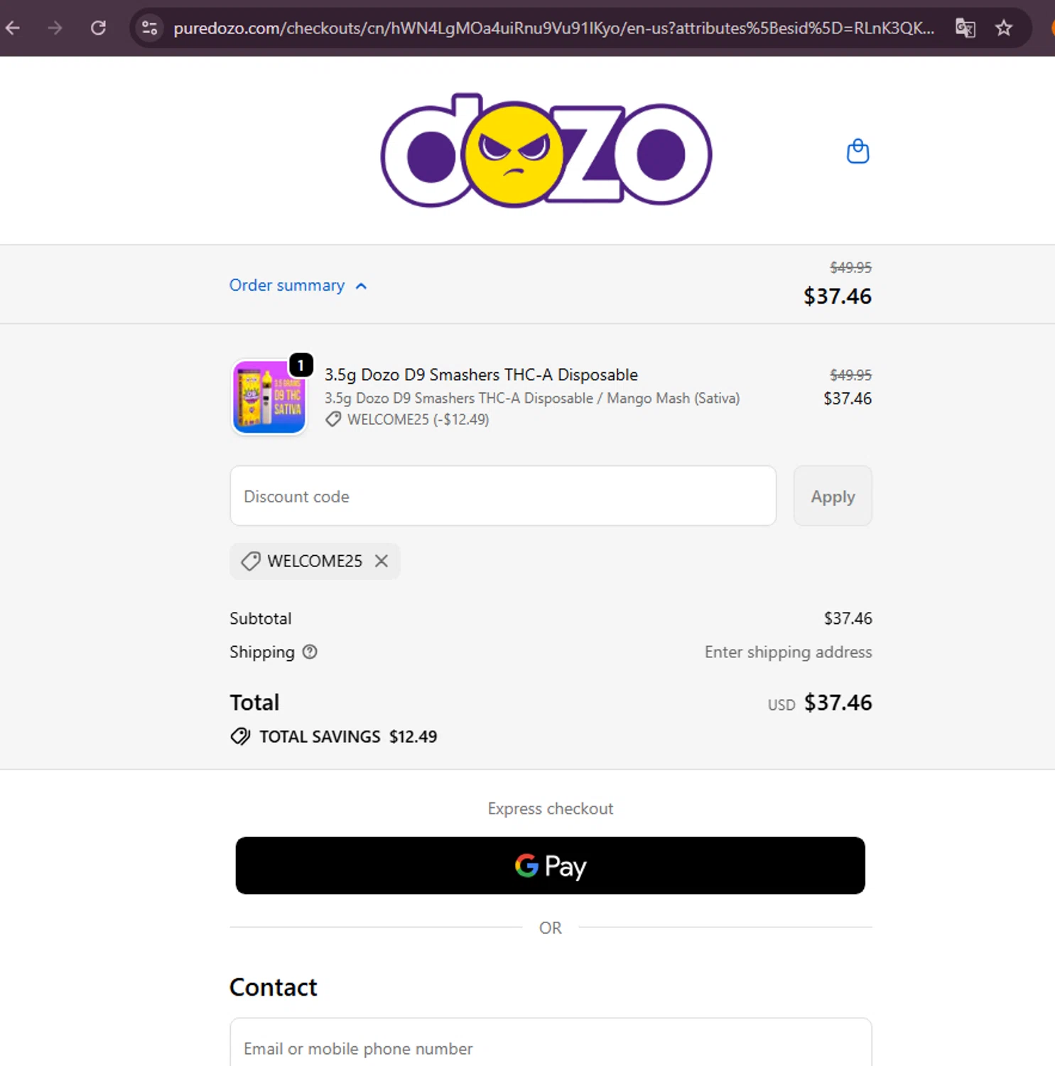 Dozo coupon code screenshot showing code WELCOME25 applied at Dozo checkout page. Uploaded by SimplyCodes community member Loslocosdelavela on Oct 20, 2025