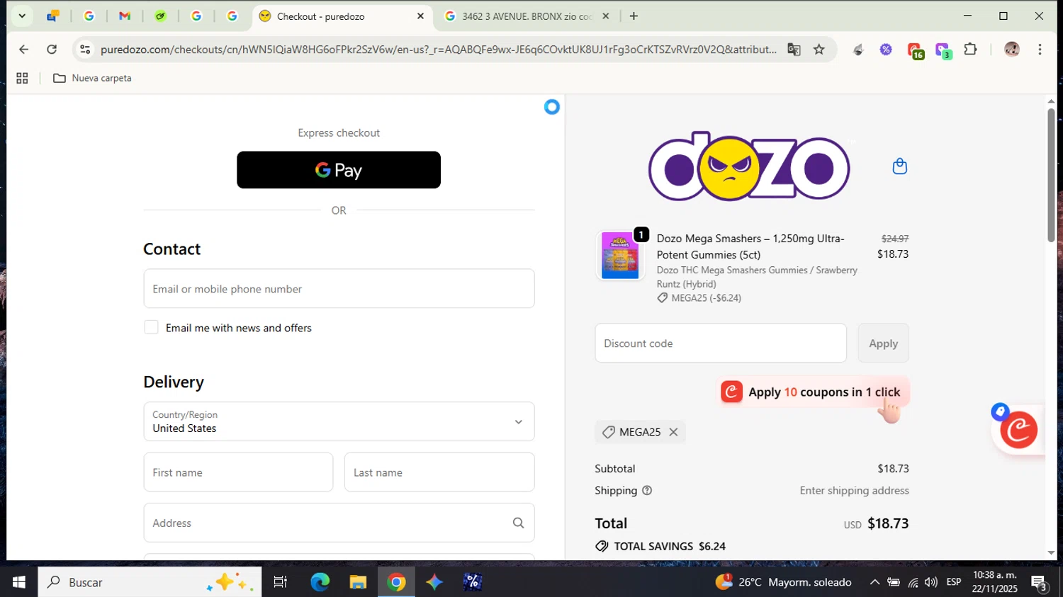 Dozo coupon code screenshot showing code MEGA25 applied at Dozo checkout page. Uploaded by SimplyCodes community member armalissolorzano1 on Nov 22, 2025