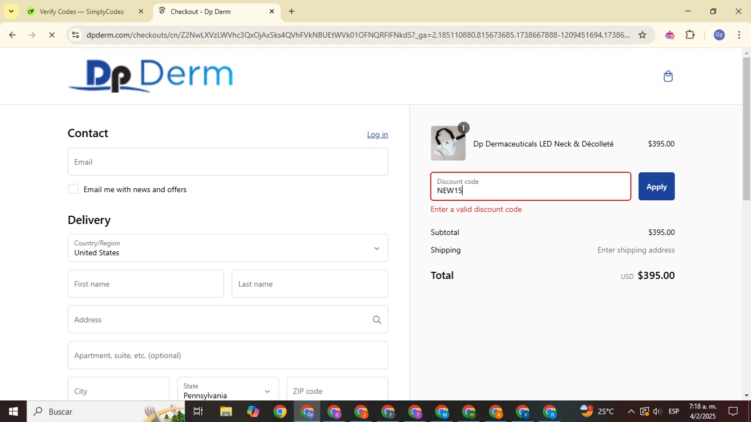 Dp Derm promo code screenshot showing code NEW15 applied at Dp Derm checkout page. Uploaded by SimplyCodes community member FrugalOwl962 on Feb 4, 2025