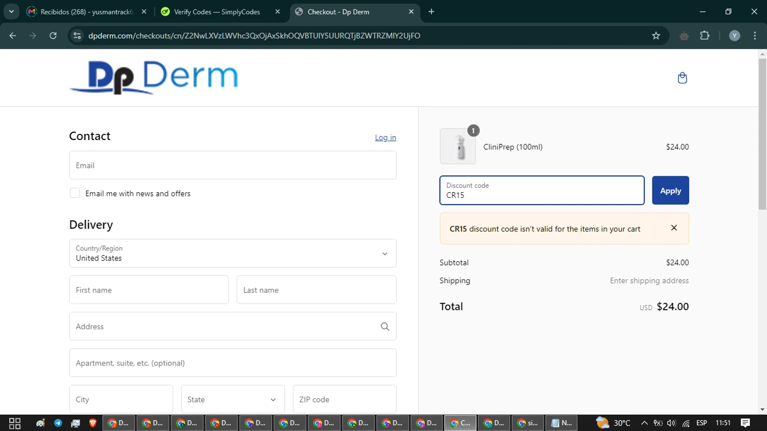 Dp Derm promo code screenshot showing code CR15 applied at Dp Derm checkout page. Uploaded by SimplyCodes community member MoneyTiger5162 on Jan 15, 2025