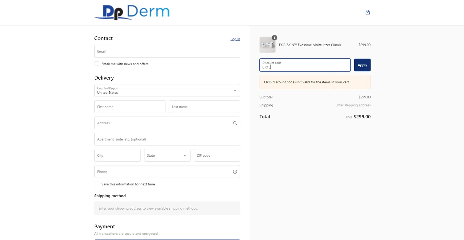 Dp Derm promo code screenshot showing code CR15 applied at Dp Derm checkout page. Uploaded by SimplyCodes community member CashOwl3827 on Feb 13, 2025