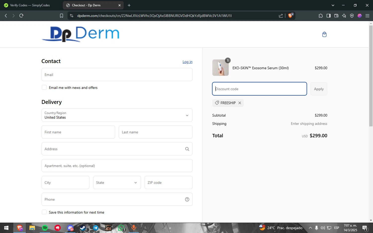 Dp Derm promo code screenshot showing code FREESHIP applied at Dp Derm checkout page. Uploaded by SimplyCodes community member Freeman on Mar 14, 2025