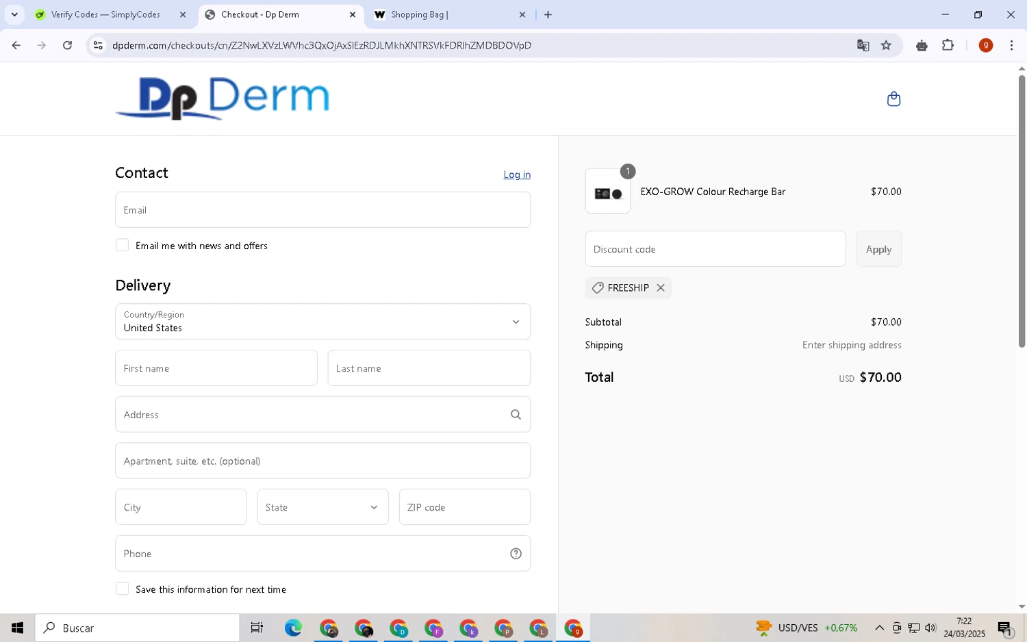Dp Derm promo code screenshot showing code FREESHIP applied at Dp Derm checkout page. Uploaded by SimplyCodes community member ExtraordinaryVirtuoso6801 on Mar 24, 2025