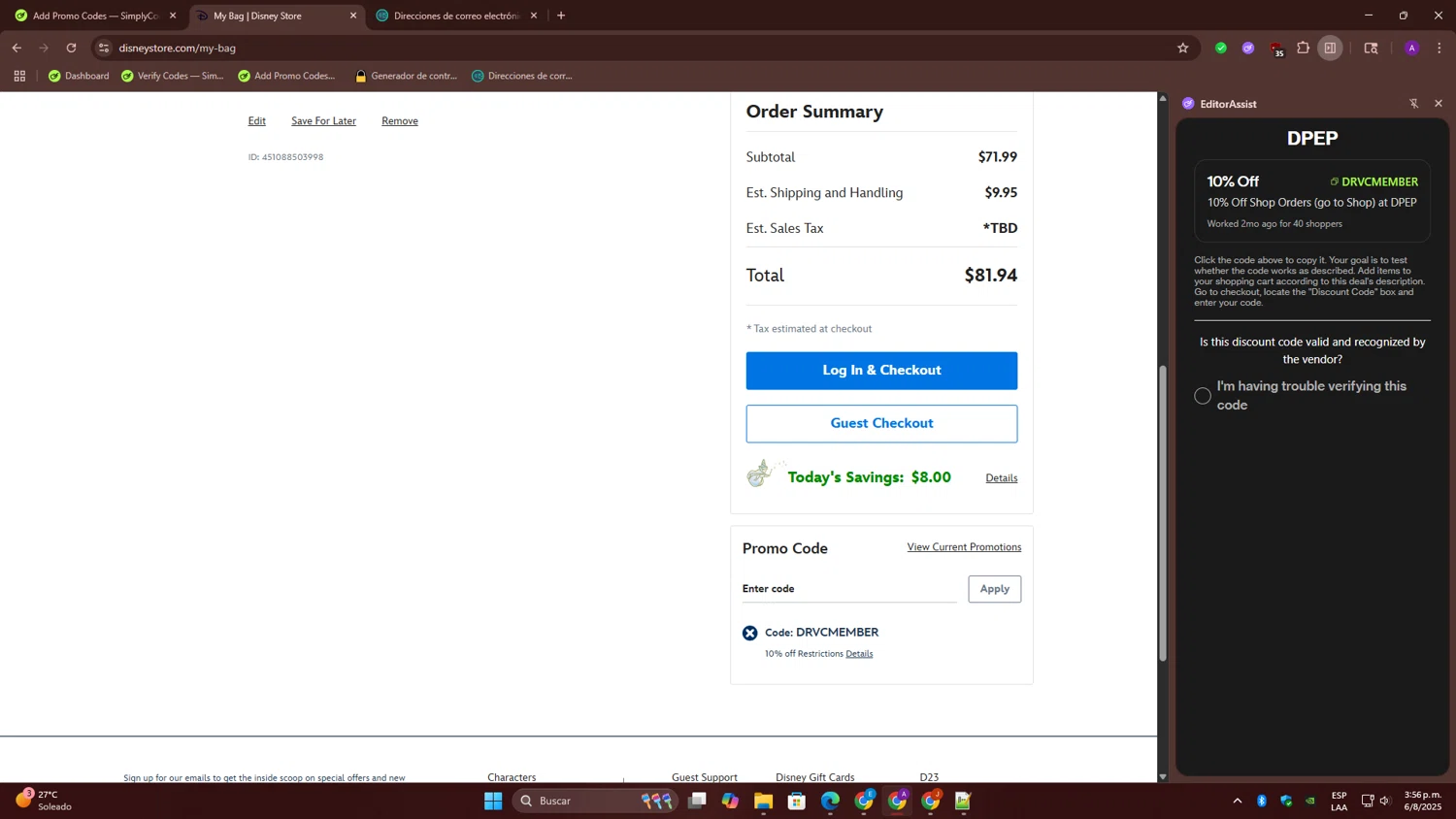 DPEP promo code screenshot showing code DRVCMEMBER applied at DPEP checkout page. Uploaded by SimplyCodes community member ThriftyGenius6699 on Aug 6, 2025