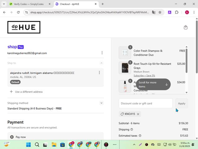 dpHUE checkout page showing dpHUE discount code box | Screenshot taken by SimplyCodes community member on Jun 11, 2025