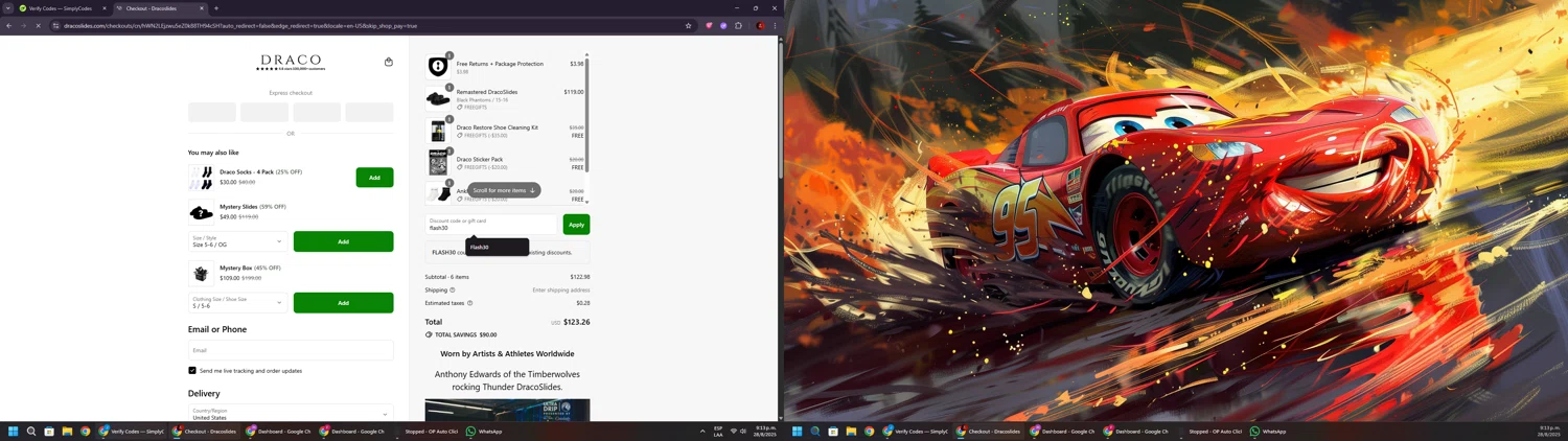 Draco Slides promo code screenshot showing code flash30 applied at Draco Slides checkout page. Uploaded by SimplyCodes community member BrilliantSaver7516 on Aug 29, 2025
