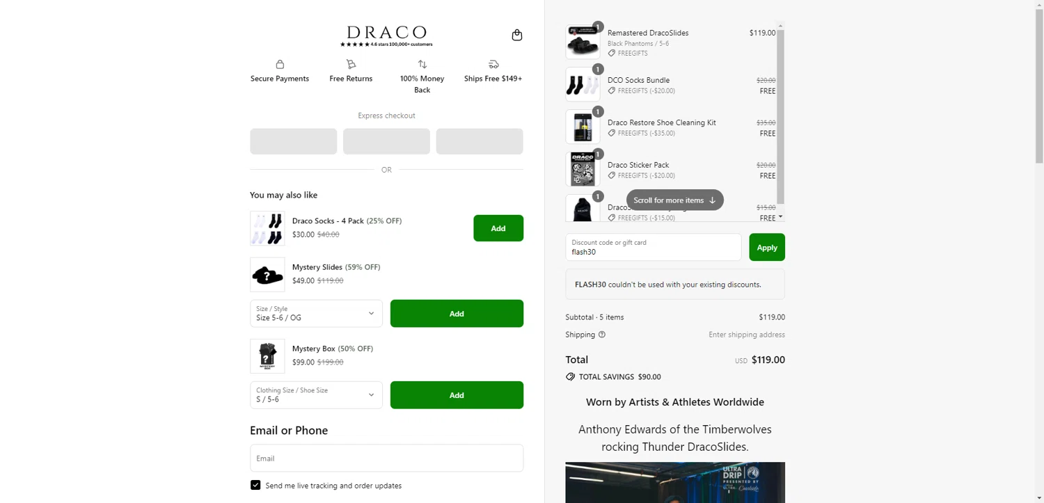 Draco Slides promo code screenshot showing code flash30 applied at Draco Slides checkout page. Uploaded by SimplyCodes community member RewardTitan728 on Jul 10, 2025