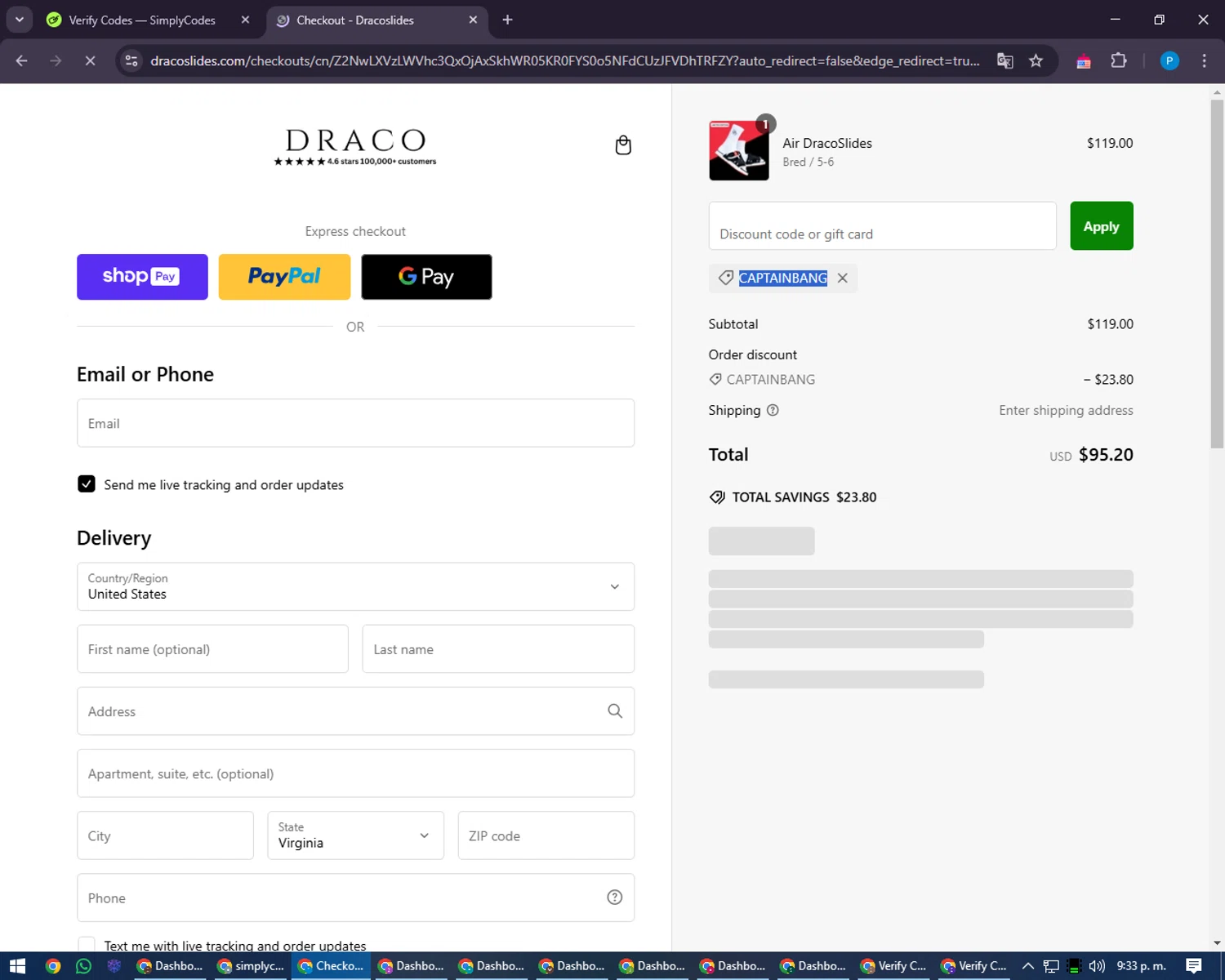 Draco Slides promo code screenshot showing code CAPTAINBANG applied at Draco Slides checkout page. Uploaded by SimplyCodes community member juiceWRLD on Jan 18, 2025
