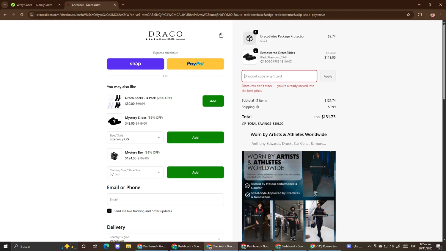 Draco Slides promo code screenshot showing code Vic20 applied at Draco Slides checkout page. Uploaded by SimplyCodes community member El_mynor on Nov 30, 2025