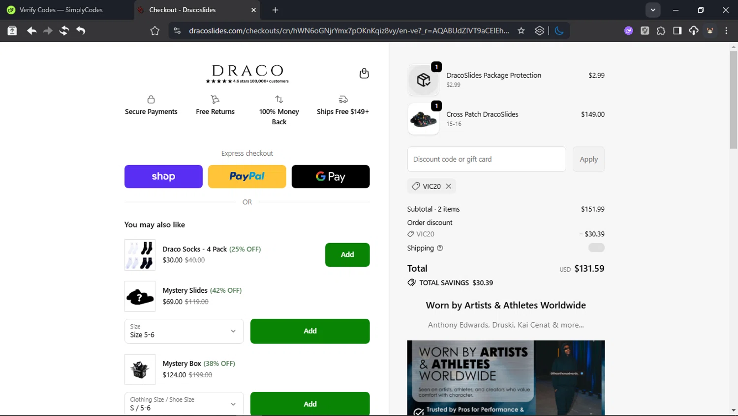 Draco Slides promo code screenshot showing code Vic20 applied at Draco Slides checkout page. Uploaded by SimplyCodes community member domain on Dec 24, 2025