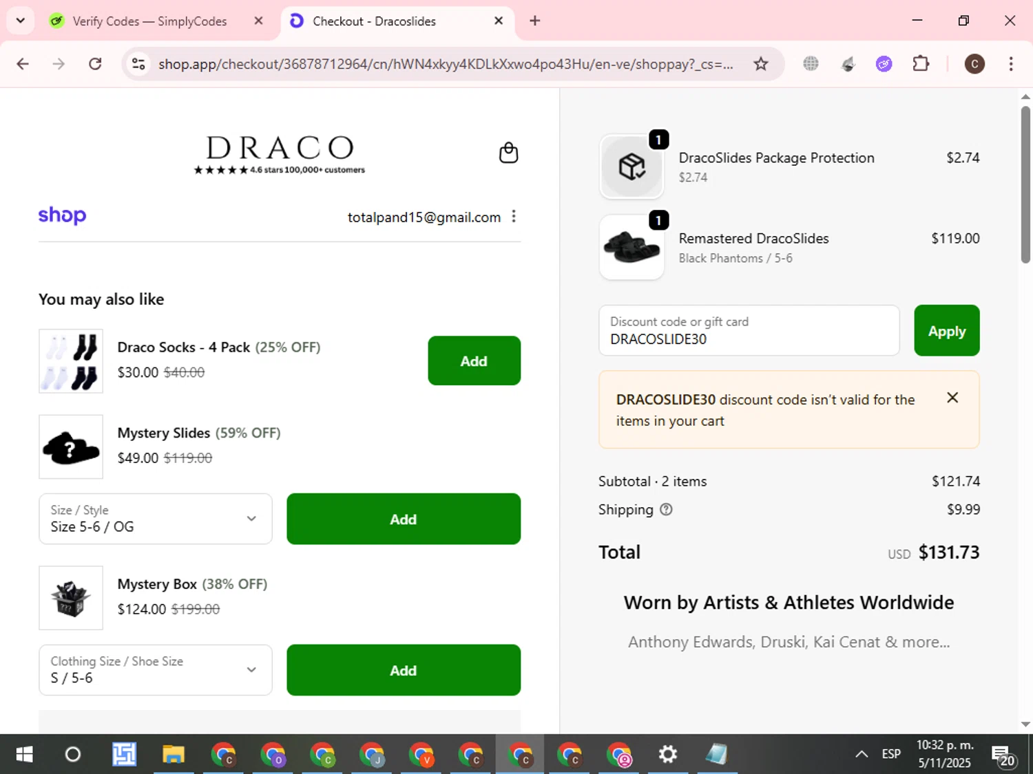 Draco Slides promo code screenshot showing code DRACOSLIDE30 applied at Draco Slides checkout page. Uploaded by SimplyCodes community member WonderCurator7831 on Nov 6, 2025
