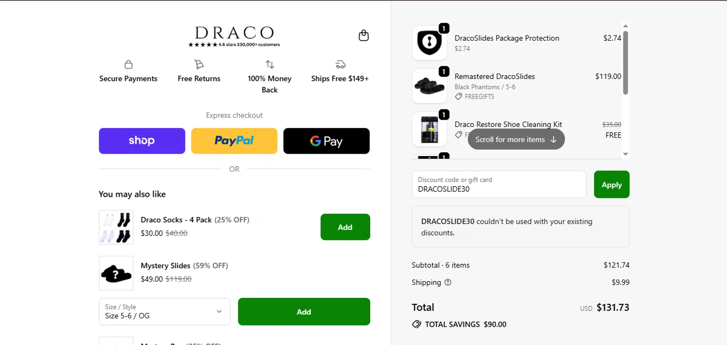 Draco Slides promo code screenshot showing code DRACOSLIDE30 applied at Draco Slides checkout page. Uploaded by SimplyCodes community member tokiio on Sep 25, 2025