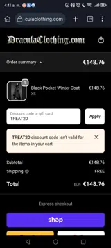 TREAT20 coupon verification screenshot