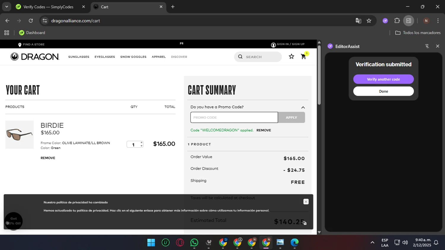 Dragon Alliance promo code screenshot showing code WELCOMEDRAGON applied at Dragon Alliance checkout page. Uploaded by SimplyCodes community member rauzzzz on Dec 2, 2025