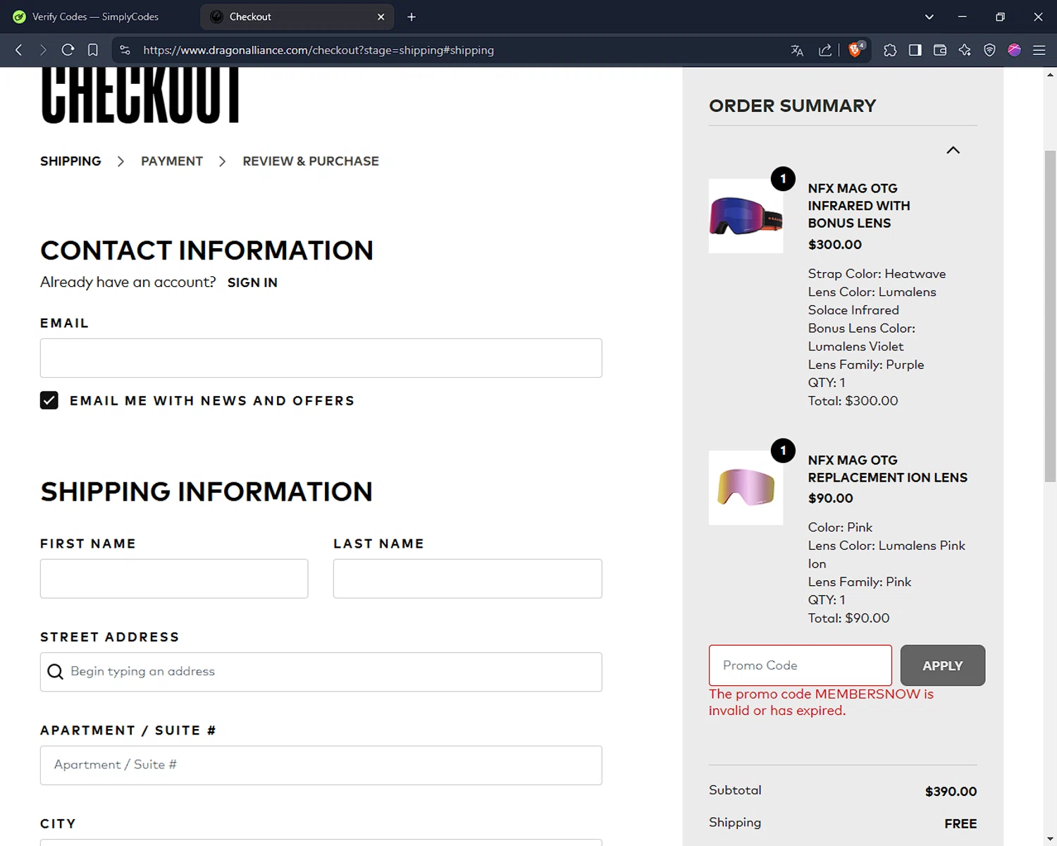 Dragon Alliance promo code screenshot showing code MEMBERSNOW applied at Dragon Alliance checkout page. Uploaded by SimplyCodes community member Jsjsjsjsjsjsjs on Mar 5, 2025
