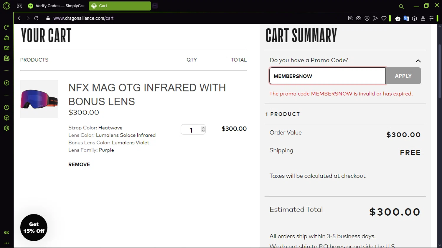 Dragon Alliance promo code screenshot showing code MEMBERSNOW applied at Dragon Alliance checkout page. Uploaded by SimplyCodes community member CleverMaven2889 on Mar 5, 2025