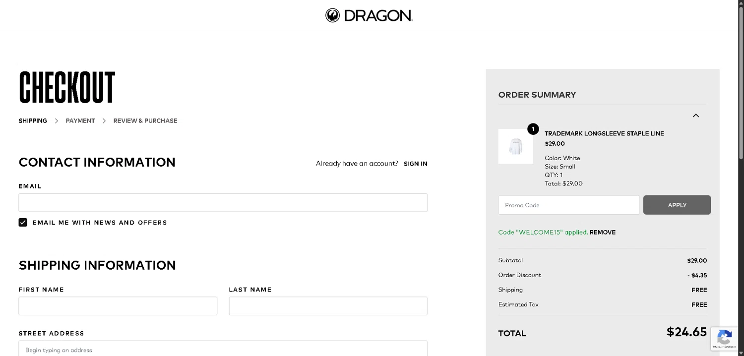 Dragon Alliance checkout page showing Dragon Alliance promo code box | Screenshot taken by SimplyCodes community member on Feb 10, 2026